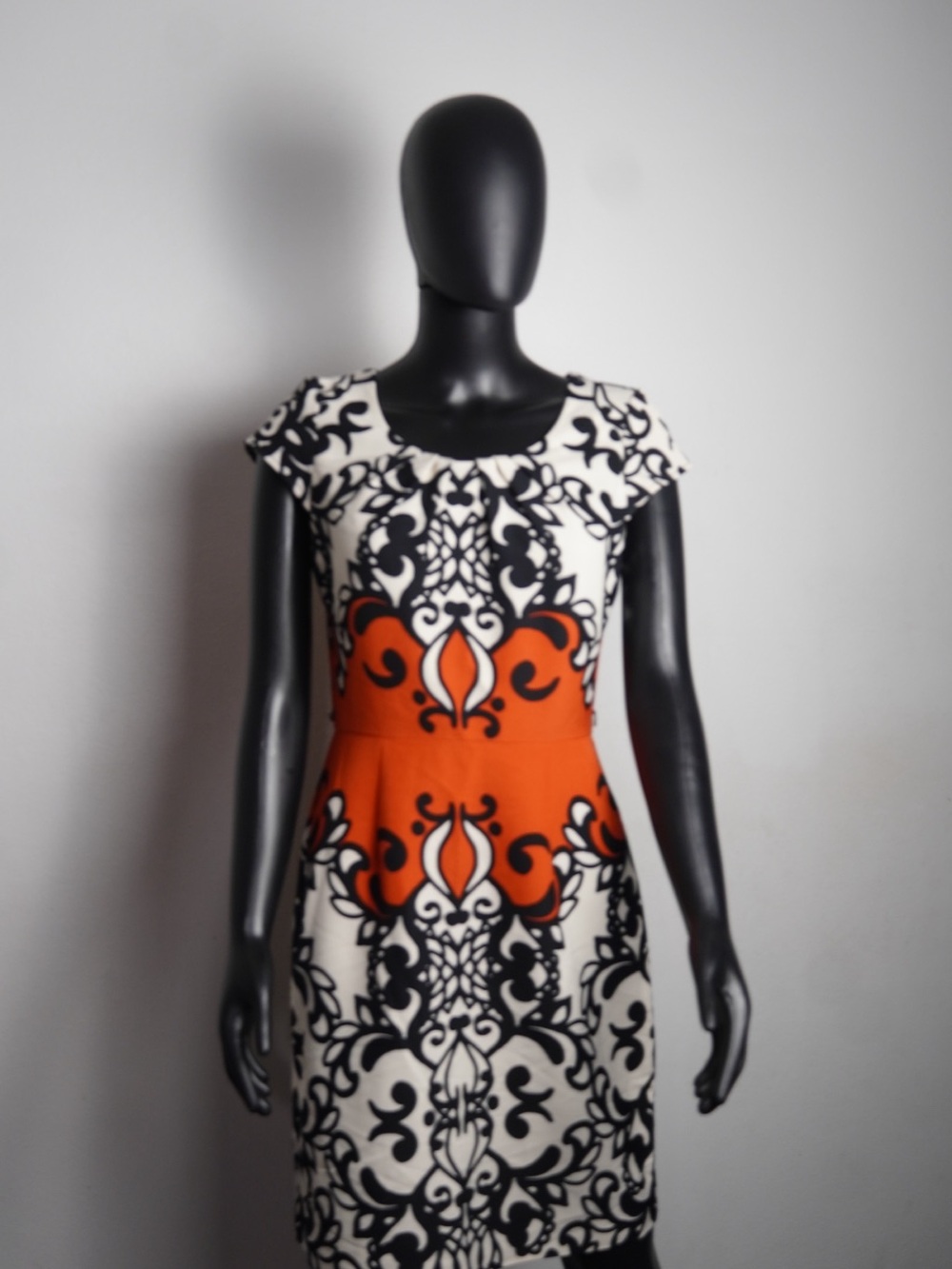 Shelby & Palmer Orange and Black Printed Scoop-Neck Midi Dress